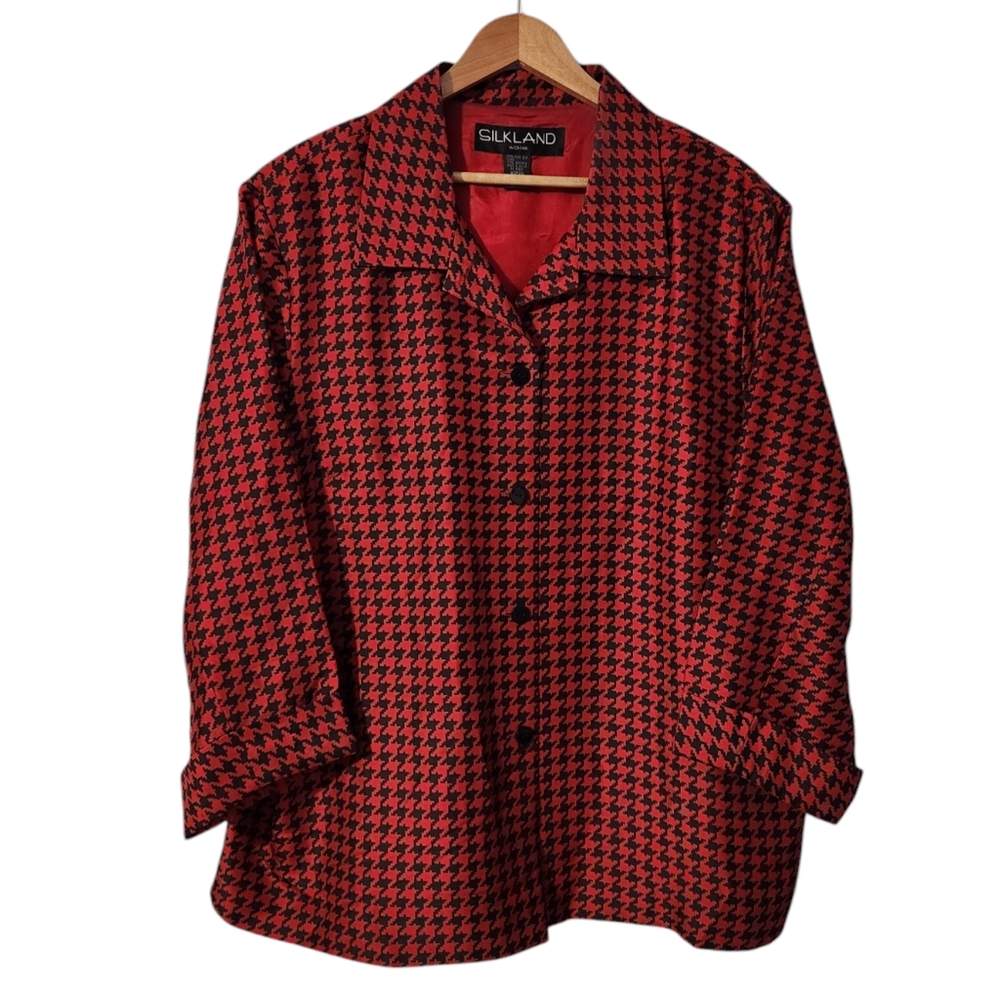 Silkland Silk Houndstooth Blazer Shirt 3X Academia Red Black